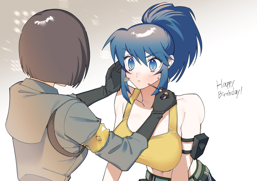 2girls applying_makeup arm_pouch bare_shoulders blue_hair brown_hair earrings gloves highres jewelry leona_heidern makeup military military_uniform multiple_girls otoseto ponytail short_hair tank_top the_king_of_fighters the_king_of_fighters_xv triangle_earrings uniform whip_(kof) yellow_tank_top