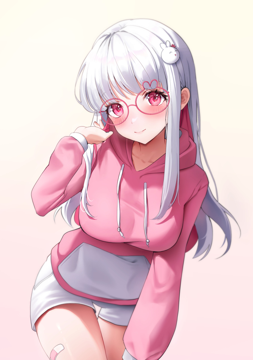 1girl absurdres bandaid bandaid_on_leg blush collarbone commentary crossed_legs glasses hair_ornament highres hood hoodie long_hair long_sleeves looking_at_viewer multicolored_hair original pink-framed_eyewear pink_eyes pink_hair pink_hoodie playing_with_own_hair puffy_long_sleeves puffy_sleeves rabbit-shaped_eyewear rabbit_hair_ornament short_shorts shorts sidelocks smile standing streaked_hair two-tone_hair white_background white_hair white_shorts yuchae