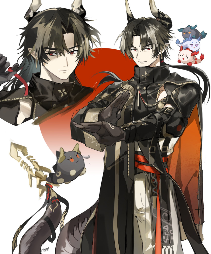 1boy arknights armor artist_name black_hair black_horns black_robe brown_tail chong_yue_(arknights) closed_mouth commentary_request dragon_boy dragon_bubble_(arknights) dragon_horns dragon_tail dusk_(arknights) earrings grey_hair grey_horns half-closed_eyes hand_up hands_up high_collar highres horns hyun1136297 jewelry korean_commentary ling_(arknights) long_hair long_sleeves looking_at_viewer looking_to_the_side multicolored_hair multiple_views nian_(arknights) pointy_ears red_eyes robe shoulder_armor signature smile standing strap streaked_hair tail