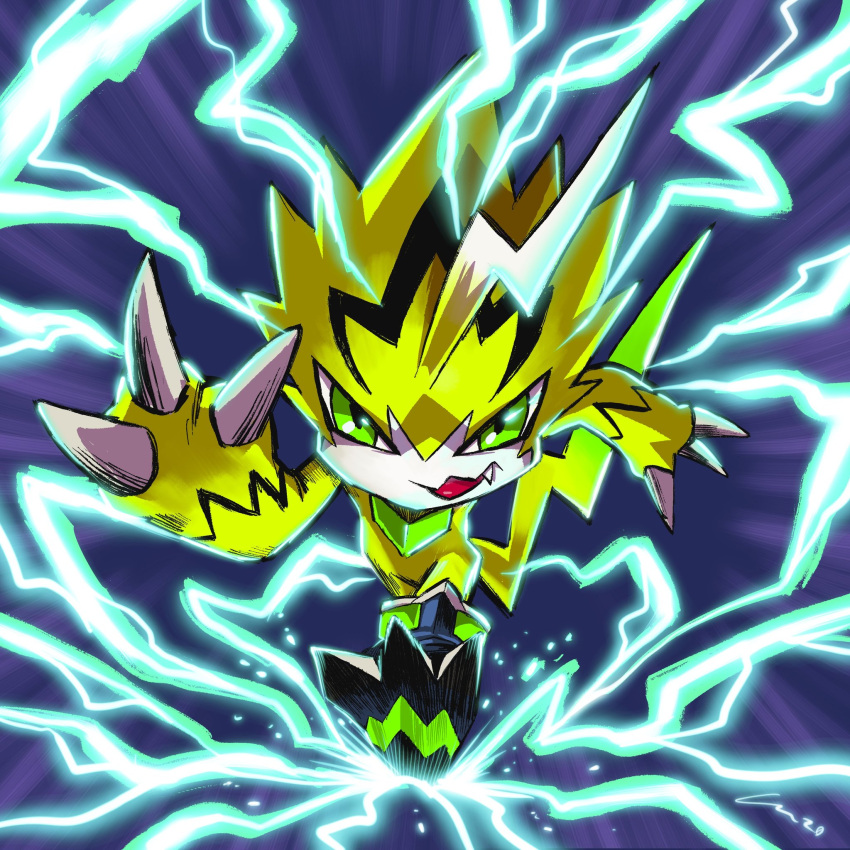 ahoge carloromeroart colored_skin digimon digimon_(creature) electricity fang fewer_digits green_eyes highres pulsemon running_towards_viewer signature smirk solo yellow_skin