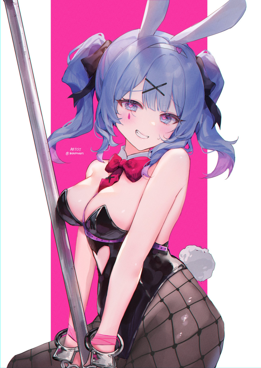 1girl absurdres animal_ears artist_name blue_eyes blue_hair breasts cuffs hair_ornament handcuffs hatsune_miku heart heart-shaped_pupils highres looking_at_viewer medium_breasts naughty_face nekomeen playboy_bunny pole rabbit_ears rabbit_hole_(vocaloid) red_ribbon ribbon short_ponytail smile stripper_pole symbol-shaped_pupils teardrop_tattoo twitter_username upper_body vocaloid x_hair_ornament