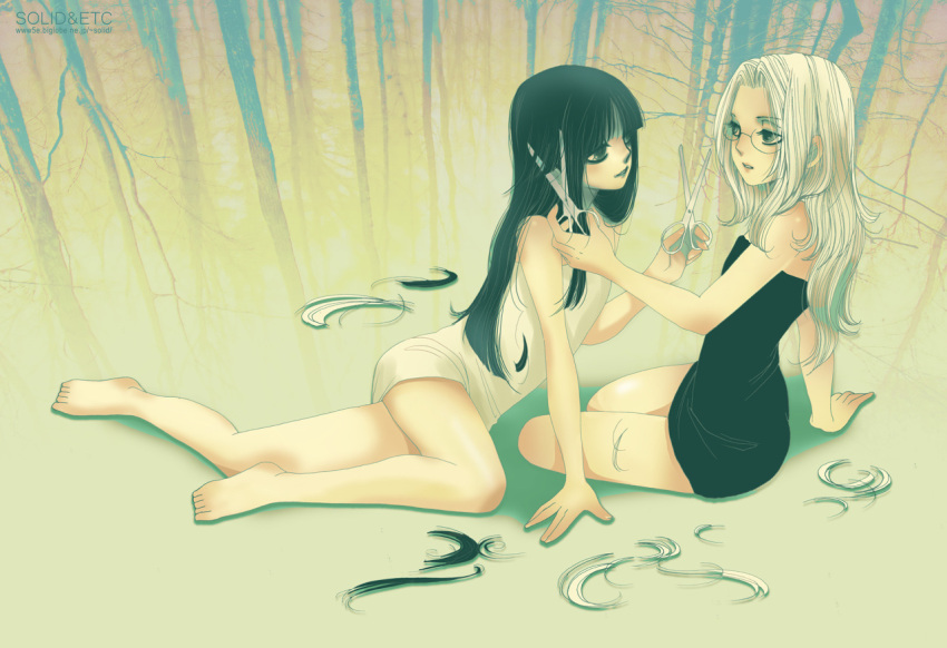 2girls aged_down alucard_(hellsing) artist_name black_eyeliner black_hair blunt_bangs cutting_hair dress eyeliner girlycard glasses hellsing holding holding_scissors integra_hellsing makeup multiple_girls scissors short_dress sitting strapless strapless_dress toshimichi_yukari tube_dress web_address white_hair yokozuwari