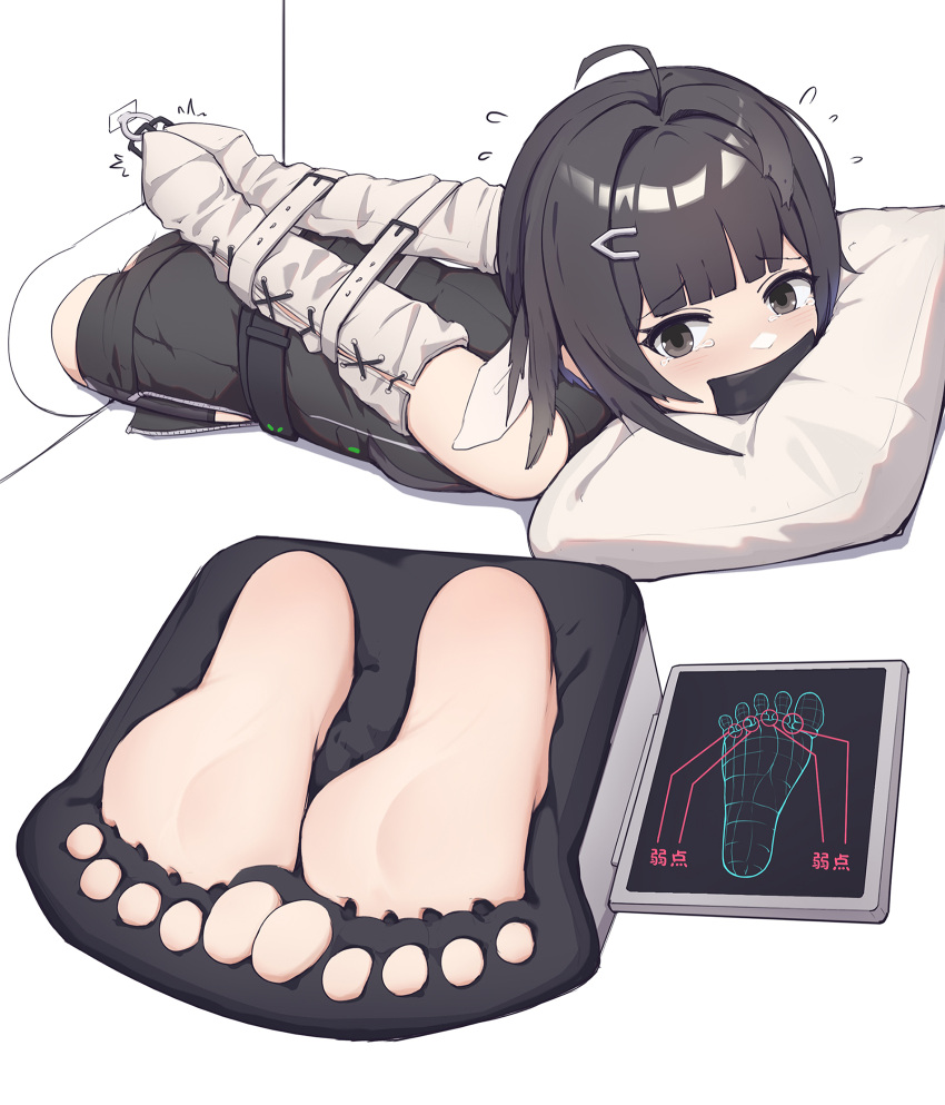 ^^^ arknights arms_behind_back bare_shoulders barefoot bdsm belt black_eyes black_hair bondage bound bound_arms bound_toes feet focus gag highres improvised_gag juzi_(orange8619) la_pluma_(arknights) lying on_stomach pillow restrained scared simple_background soles tape tape_gag tears tickling tickling_feet toes trembling