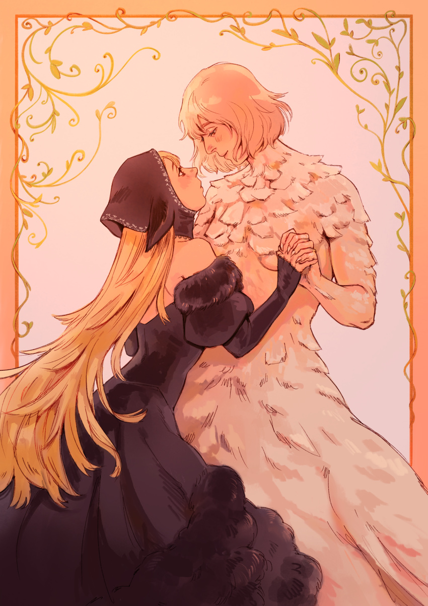 2girls back black_dress blonde_hair blush colored_skin couple cowboy_shot dress dungeon_meshi eye_contact falin_thorden falin_thorden_(chimera) feathers fur-trimmed_dress fur_trim highres holding_hands hood long_hair looking_at_another marcille_donato medium_hair monster_girl multicolored_skin multiple_girls pointy_ears sitting smile sointuina spoilers two-tone_skin yuri