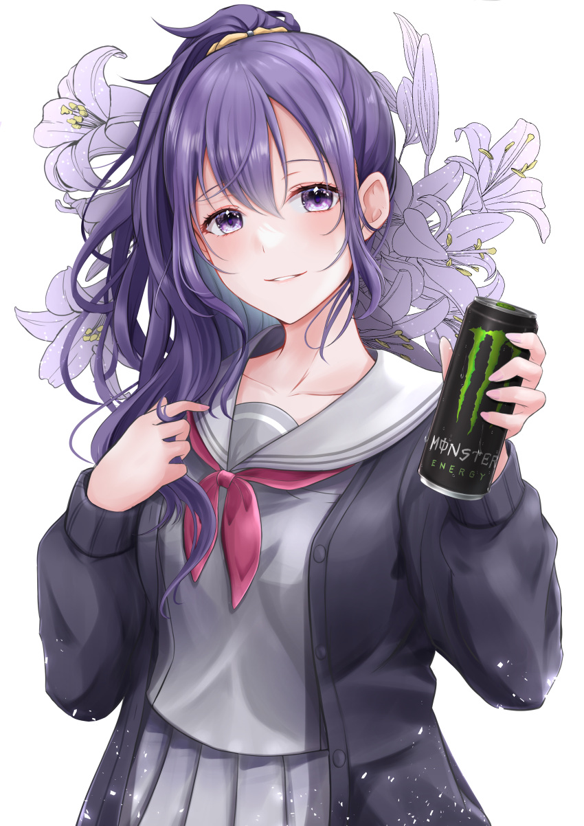 1girl absurdres asahina_mafuyu black_cardigan can cardigan collarbone energy_drink flower grey_serafuku grey_shirt grey_skirt hair_between_eyes hair_ornament hair_scrunchie hands_up high_ponytail highres holding holding_can lily_(flower) long_hair long_sleeves looking_at_viewer miyamasuzaka_girls'_academy_school_uniform monster_energy neckerchief open_clothes parted_lips pleated_skirt ponytail project_sekai purple_eyes purple_flower purple_hair red_neckerchief sailor_collar school_uniform scrunchie serafuku shirt simple_background skirt smile solo standing upper_body white_background white_sailor_collar yuzu_ponzu_(vgah7445)