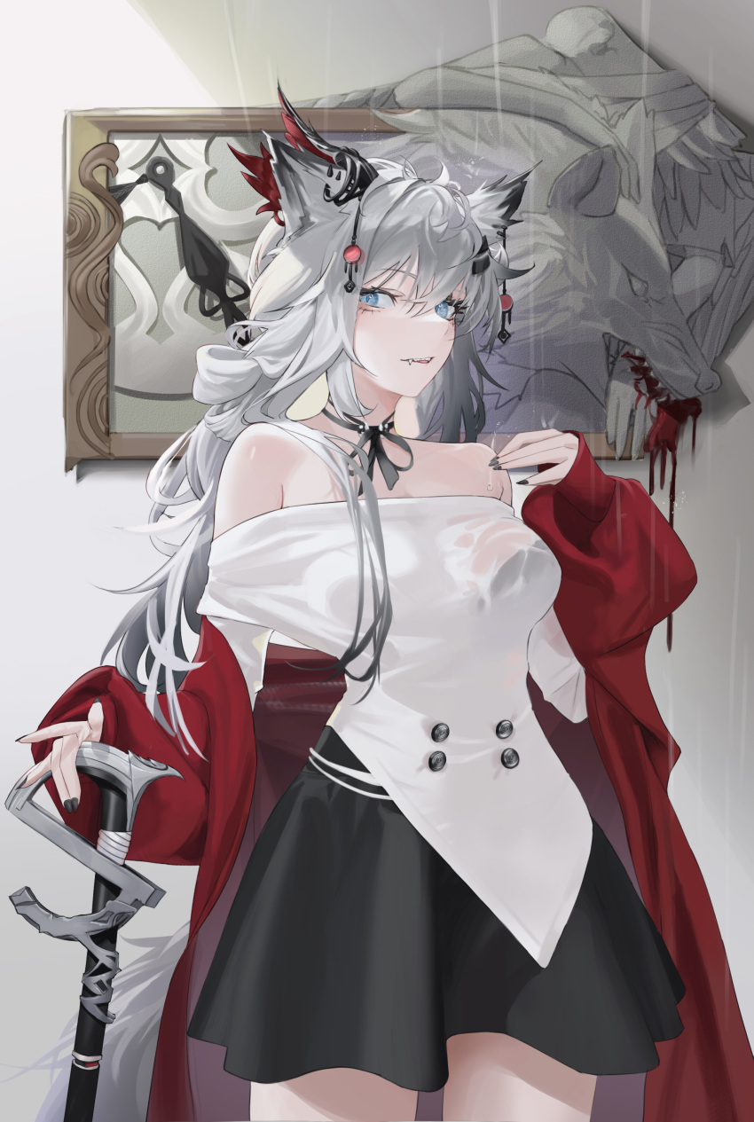 1girl absurdres alternate_costume animal_ears arknights bare_shoulders black_choker black_nails black_ribbon black_skirt blue_eyes breasts choker coat commentary_request cowboy_shot feather_pen113 grey_hair hair_ornament highres lappland_(arknights) long_hair looking_at_viewer medium_breasts miniskirt nail_polish off-shoulder_shirt off_shoulder open_clothes open_coat parted_lips red_coat ribbon ribbon_choker shirt skirt solo standing very_long_hair white_shirt wolf_ears