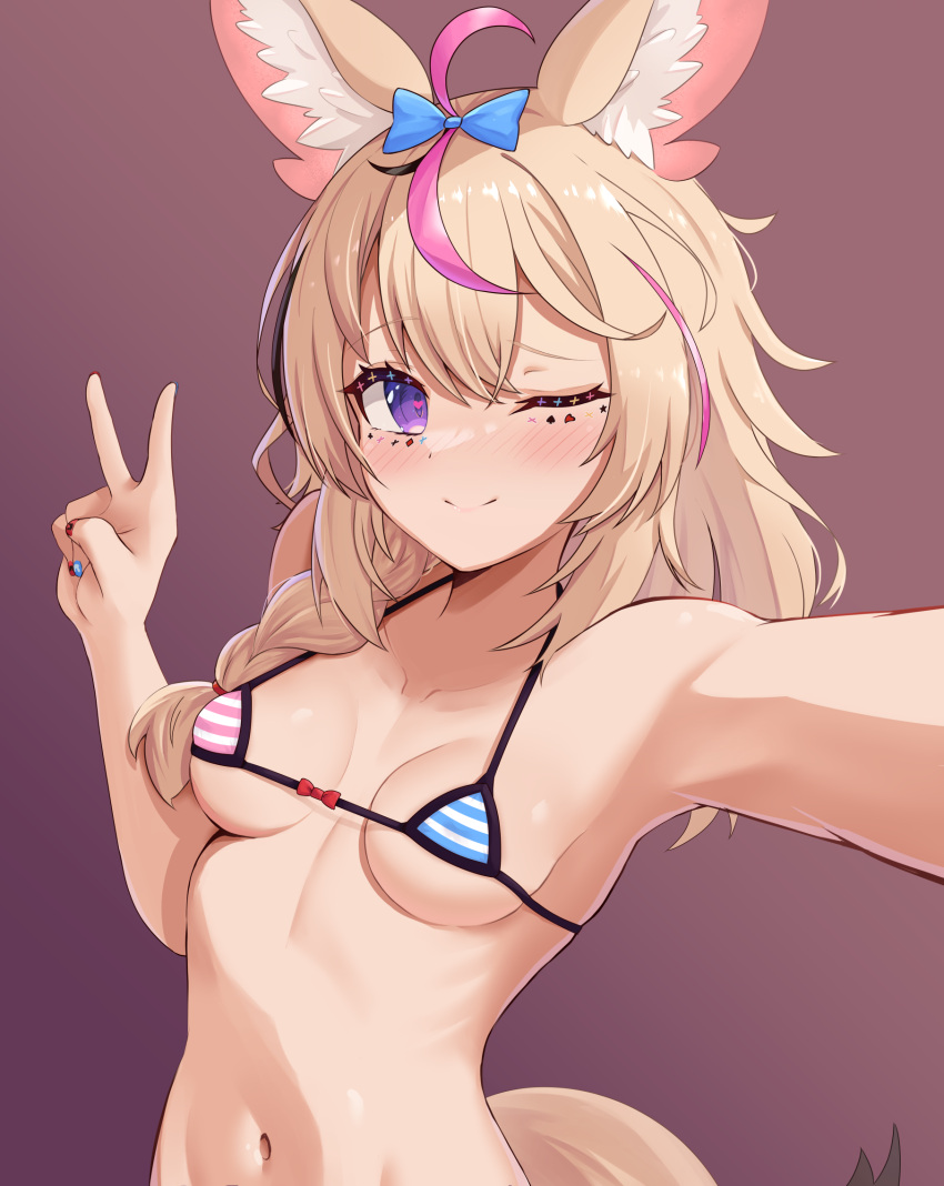 1girl ahoge alternate_costume animal_ear_fluff animal_ears bikini black_hair blonde_hair blue_bikini blue_bow blue_nails blush bow braid breasts closed_mouth commentary english_commentary facial_mark fox_ears fox_girl fox_tail gradient_background hair_between_eyes hair_bow hair_over_shoulder hand_up heart heart-shaped_pupils highres hololive long_hair looking_at_viewer micro_bikini multicolored_bikini multicolored_clothes multicolored_hair multicolored_nails nail_polish omaru_polka one_eye_closed outstretched_arm pink_background pink_bikini pink_hair purple_eyes reaching reaching_towards_viewer red_nails selfie side_braid simple_background single_braid small_breasts smile solo streaked_hair swimsuit symbol-shaped_pupils tail telomere upper_body v variant_set virtual_youtuber