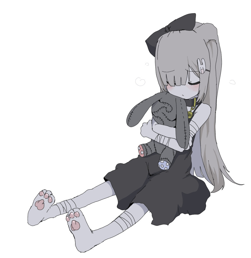 1girl animal_feet bandaged_arm bandaged_leg bandages bare_shoulders barefoot black_bow black_dress blunt_bangs blush body_fur bow closed_eyes dress floppy_ears full_body furrowed_brow furry furry_female grey_hair hair_bow hair_over_one_eye highres hugging_object long_hair original outstretched_legs oyasu_miyo pawpads short_dress simple_background sitting sleeveless sleeveless_dress solo spaghetti_strap stuffed_animal stuffed_rabbit stuffed_toy vreparty white_background white_fur