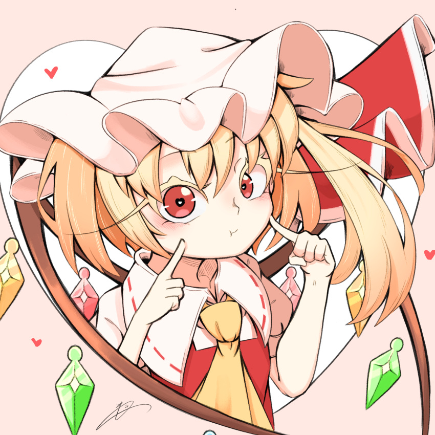 1girl absurdres ascot blonde_hair cheek_poking closed_mouth collared_shirt cropped_torso crystal flandre_scarlet hat heart highres kaitojaja19980520 looking_at_viewer medium_hair mob_cap multicolored_wings one_side_up pink_background poking poking_self pout puffy_short_sleeves puffy_sleeves red_eyes red_vest shirt short_sleeves signature simple_background solo touhou upper_body vest white_headwear white_shirt wings yellow_ascot