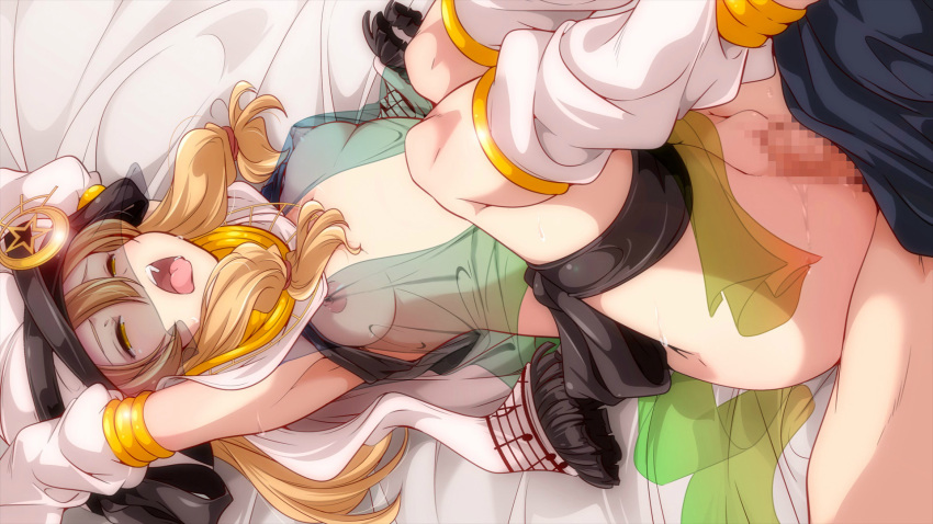1boy 1girl armpits bed_sheet breasts detached_sleeves game_cg half-closed_eyes hetero highres leg_warmers lying midori_(x-overd) nipples official_art on_back penis pussy pussy_juice scarf see-through sex small_breasts vaginal white_headwear white_legwear white_scarf white_sleeves x-overd yellow_eyes
