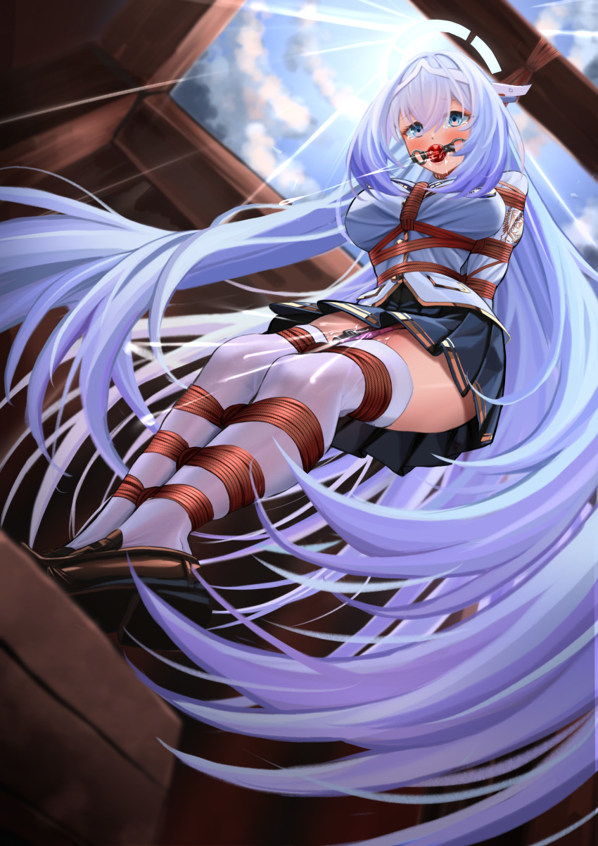 1girl absurdres aibaihe arms_behind_back azur_lane ball_gag bdsm black_footwear bondage bound bound_ankles bound_arms bound_legs breast_bondage character_request crotch_rope gag gagged highres long_hair red_rope restrained rope shibari shibari_over_clothes shoes strangling tied_up_(nonsexual) uniform white_hair