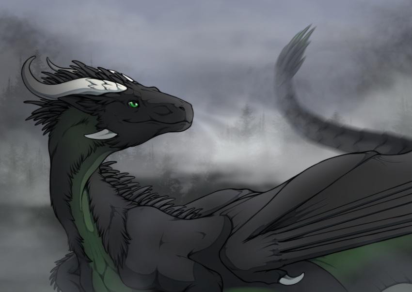 black_body black_fur detailed_background dragon feral flamingtitania fur furred_dragon gareth_emlegthross green_eyes horn male membrane_(anatomy) membranous_wings mythological_creature mythological_scalie mythology scalie solo white_horn wings