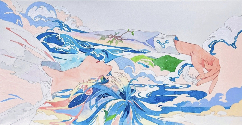 1girl arm_up blue_eyes blue_hair branch closed_mouth cloud grey_background highres leaf long_hair looking_up lying ocean on_back original painting_(medium) red_lips solo srnmomo traditional_media upper_body watercolor_(medium) waves