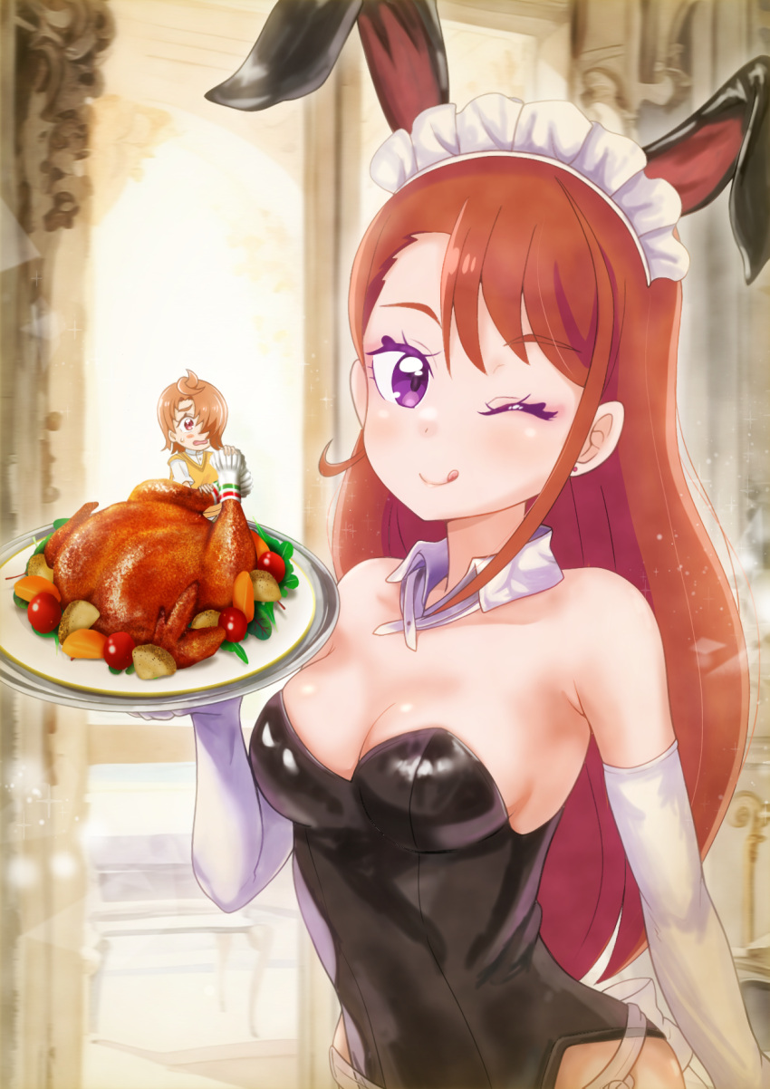 1boy 1girl ;q animal_ears asukamama89 asymmetrical_bangs black_leotard breasts brown_hair cleavage closed_mouth collar commentary detached_collar elbow_gloves fake_animal_ears food frown gloves highres hijiri_ageha hirogaru_sky!_precure holding holding_plate indoors leotard long_hair looking_at_another looking_at_viewer maid_headdress medium_breasts mini_person miniboy neck_ribbon one_eye_closed open_mouth orange_hair plate playboy_bunny precure purple_eyes rabbit_ears red_eyes ribbon short_hair smile standing strapless strapless_leotard textless_version tongue tongue_out turkey_(food) white_collar white_gloves white_ribbon yuunagi_tsubasa