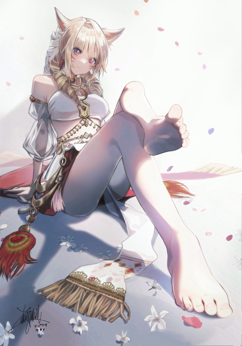 1girl absurdres animal_ears armlet bare_legs bare_shoulders barefoot blonde_hair body_markings braid breasts cat_ears cat_girl character_request choker commission detached_sleeves dorsiflexion falling_petals feet final_fantasy final_fantasy_xiv flower foot_focus fujiya_takao hairstyle_request highres jewelry light_rays looking_at_viewer medium_breasts midriff on_floor pendant petals pink_petals puffy_sleeves red_skirt shadow shiny_skin sitting skeb_commission skirt soles solo tassel toenails toes translation_request twin_braids white_background white_flower white_skirt