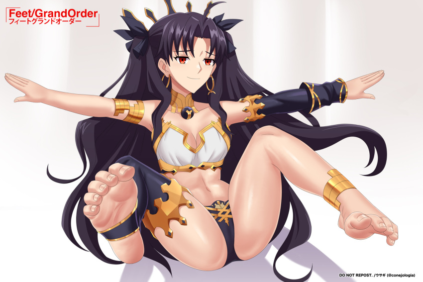 1girl armlet asymmetrical_legwear asymmetrical_sleeves balancing bare_arms barefoot black_hair black_panties brown_eyes conejologia earrings fate/grand_order fate_(series) feet foot_focus gold_armlet gold_trim headdress hoop_earrings ishtar_(fate) jewelry long_hair midriff on_floor outstretched_arms panties pun shiny_skin single_bare_arm single_barefoot sitting smug soles solo spread_arms spread_legs stirrup_legwear toe_scrunch toeless_legwear toenails toes underwear very_long_hair