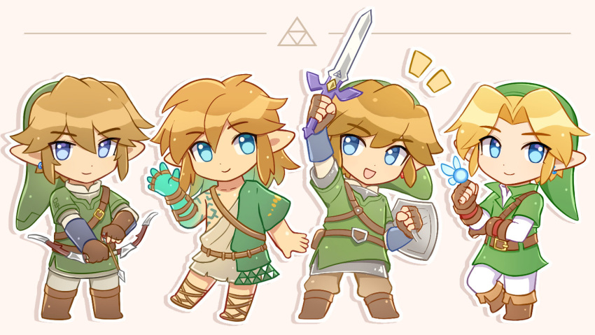 4boys archaic_set_(zelda) blonde_hair brown_hair chibi enni full_body hat holding holding_shield holding_sword holding_weapon link multiple_boys navi no_headwear shield sword the_legend_of_zelda the_legend_of_zelda:_ocarina_of_time the_legend_of_zelda:_skyward_sword the_legend_of_zelda:_tears_of_the_kingdom the_legend_of_zelda:_twilight_princess triforce weapon