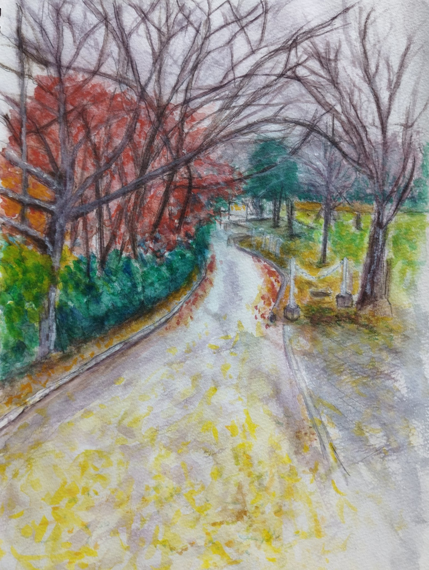 autumn autumn_leaves bare_tree bush fence fence_post grass hedge highres leaf maple_leaf no_humans original painting_(medium) path pcpqapfxcw0ky8w road traditional_media tree watercolor_(medium)