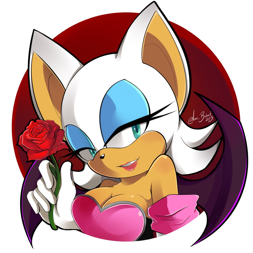 5_fingers anthro bare_shoulders bat breasts cleavage clothed clothing eyeshadow female fingers flower fur gloves handwear hi_res lipstick makeup mammal nari-belart narrowed_eyes plant rose_(flower) rouge_the_bat sega signature smile solo sonic_the_hedgehog_(series) tan_body tan_skin white_body white_fur wings