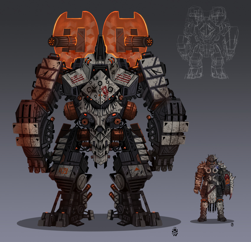 1boy absurdres apex_legends arm_shield chain_gun energy_barrier energy_shield english_commentary gatling_gun gibraltar_(apex_legends) grey_background highres mecha predator_cannon robot science_fiction shadow shoulder_cannon standing titan_(titanfall) titanfall_(series) wolfdawg_art