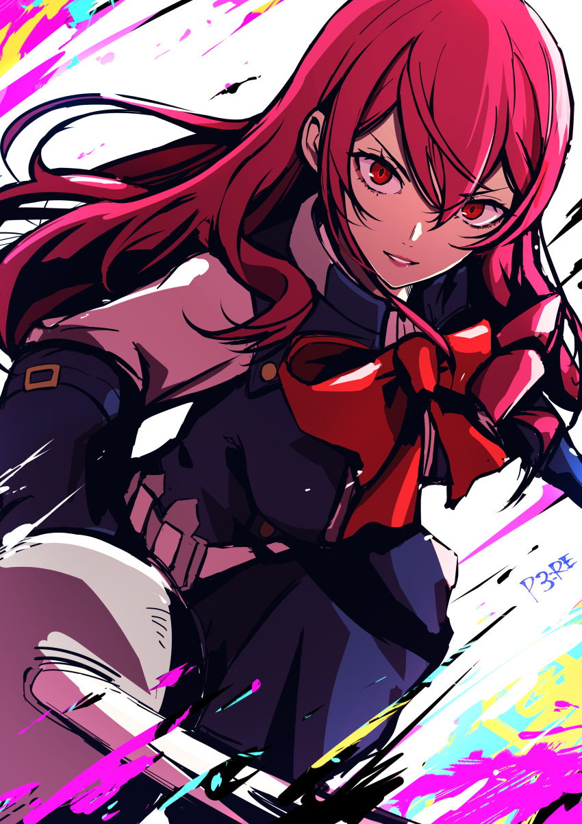 1girl absurdres black_gloves black_skirt black_vest bow bowtie copyright_name floating_hair gloves grey_shirt hair_between_eyes highres holding holding_sword holding_weapon kirijou_mitsuru long_hair looking_at_viewer maruta3333 parted_lips persona persona_3 rapier red_bow red_bowtie red_eyes red_hair shirt skirt smile solo straight_hair sword vest weapon