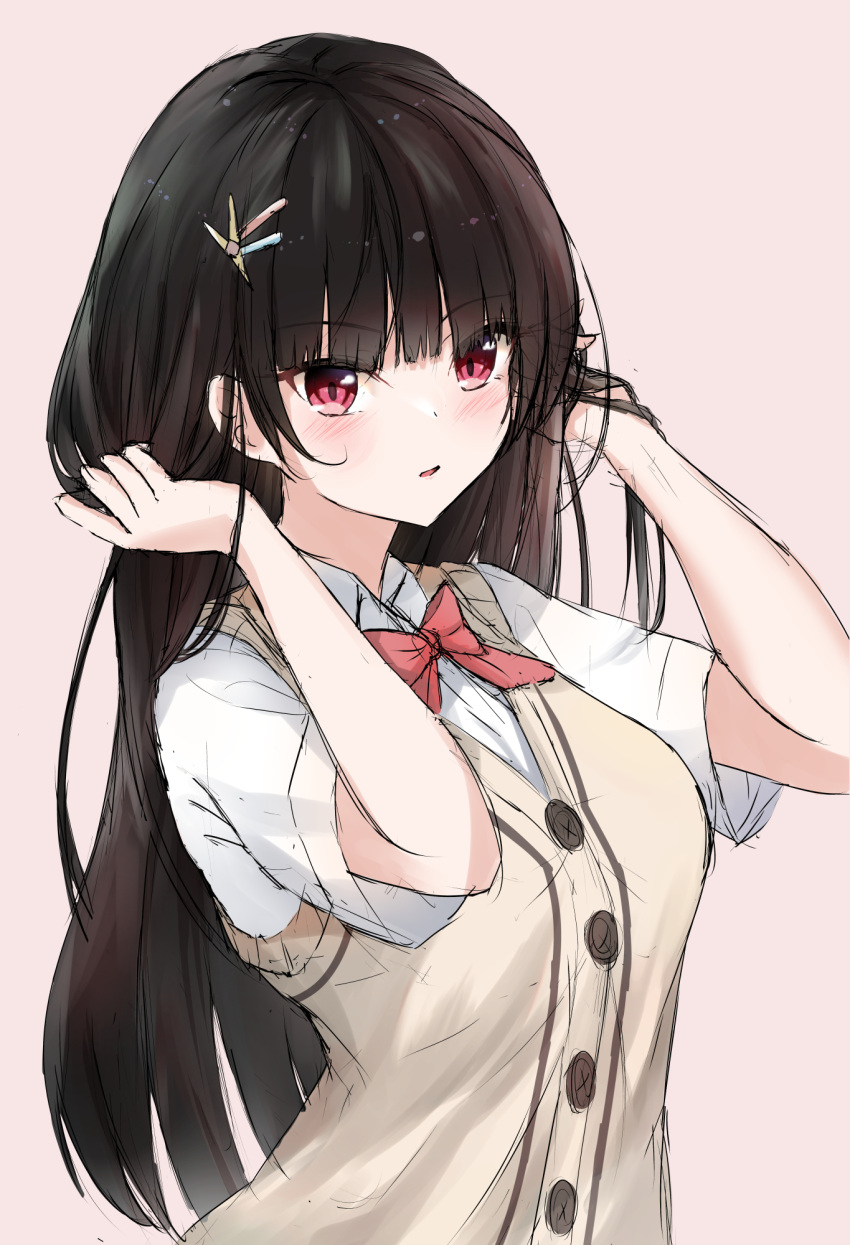 1girl black_hair blunt_bangs blush bow bowtie breasts buttons cardigan_vest collared_shirt hair_ornament hairclip hands_in_hair hands_up highres large_breasts long_hair looking_at_viewer original parted_lips red_bow red_bowtie red_eyes school_uniform shirt short_sleeves simple_background sketch solo sweater_vest tan_(kiriya0752) uniform upper_body white_shirt x_hair_ornament