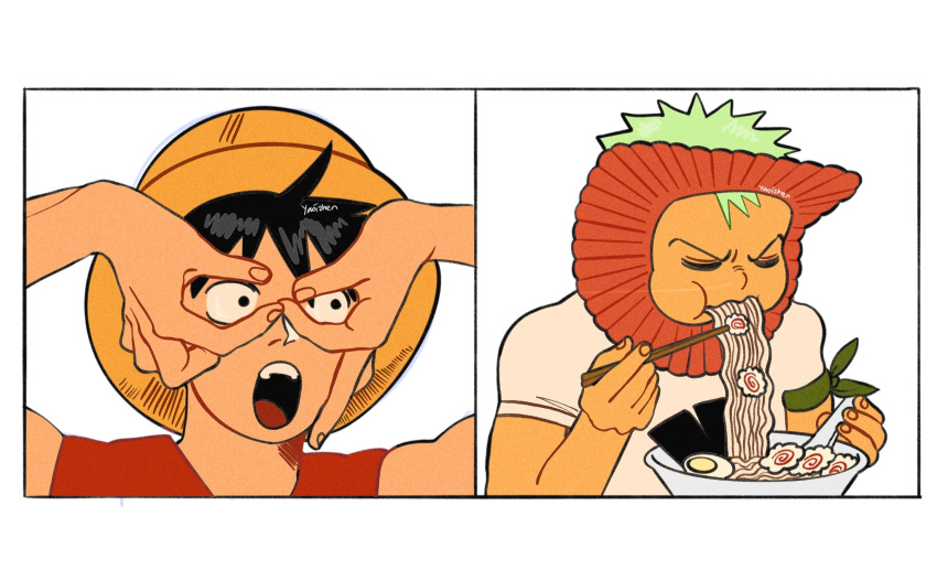 2boys bandana bandana_around_arm black_bandana black_eyes black_hair bowl chopsticks eating food green_hair hand_glasses hat highres holding holding_chopsticks male_focus monkey_d._luffy multiple_boys noodles one_piece open_mouth ramen roronoa_zoro shirt short_hair sideburns simple_background straw_hat upper_body white_background white_shirt yaoizhen