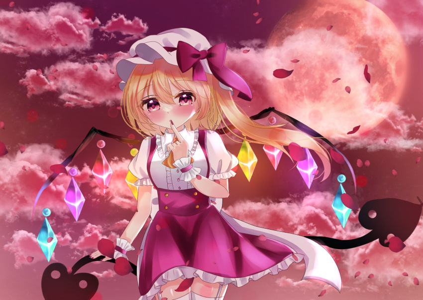 1girl absurdres adapted_costume back_bow blonde_hair blush bow breasts collared_shirt cowboy_shot crystal finger_to_mouth flandre_scarlet frilled_shirt frilled_shirt_collar frilled_sleeves frills full_moon garter_straps glowing glowing_wings hat hat_bow hat_ribbon highres holding holding_polearm holding_weapon huako31 index_finger_raised laevatein_(touhou) large_bow long_hair looking_at_viewer mob_cap moon multicolored_wings nail_polish one_side_up outdoors polearm puffy_short_sleeves puffy_sleeves red_bow red_eyes red_moon red_nails red_petals red_ribbon red_skirt red_sky ribbon shirt short_sleeves skirt sky small_breasts solo thighhighs touhou weapon white_bow white_headwear white_thighhighs wings wrist_cuffs