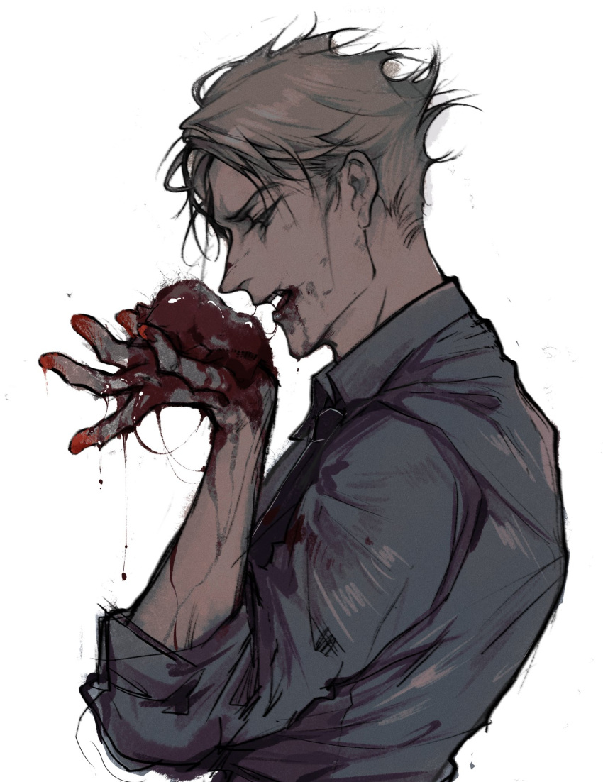 1boy blonde_hair blood blood_on_face blood_on_hands blue_shirt collared_shirt flesh highres holding inoji_73 jujutsu_kaisen male_focus nanami_kento parted_lips profile shirt short_hair solo