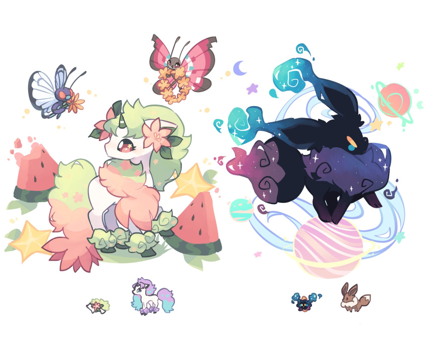 2020 ambiguous_gender arthropod ball black_body black_fur blue_body blue_fur butterfly butterfree charamells_(artist) cosmog crescent_moon eevee equid equine eulipotyphlan flower flower_crown flower_on_head food fruit fur fusion galarian_ponyta green_hair group hair hedgehog hi_res horn horse insect legendary_pok&eacute;mon lepidopteran mammal melon moon multiple_images nintendo pink_body pink_fur pink_hair plant pok&eacute;mon pok&eacute;mon_(species) pok&eacute;mon_fusion pony red_eyes regional_form_(pok&eacute;mon) shaymin simple_background starfruit unicorn video_games vivillon watermelon watermelon_slice white_background