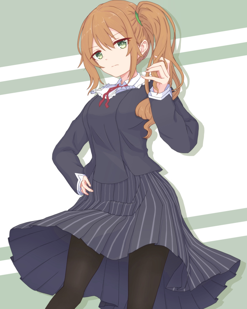 1girl black_pantyhose black_shirt black_skirt brown_hair chloe_(princess_connect!) chloe_(real)_(princess_connect!) green_eyes hair_tie hand_in_own_hair hand_on_own_hip highres long_sleeves ourindou_private_high_school_uniform pantyhose princess_connect! school_uniform shirt side_ponytail skirt solo sumishake uniform