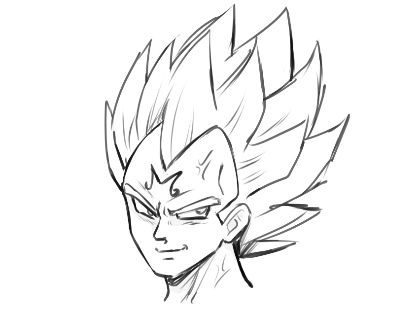 &gt;:) 1boy absurdres bad_id bad_twitter_id commentary dragon_ball dragon_ball_z facial_mark forehead_mark highres long_hair looking_at_viewer majin_vegeta male_focus monochrome simple_background solo spiked_hair v-shaped_eyebrows vegeta white_background yaya_chan