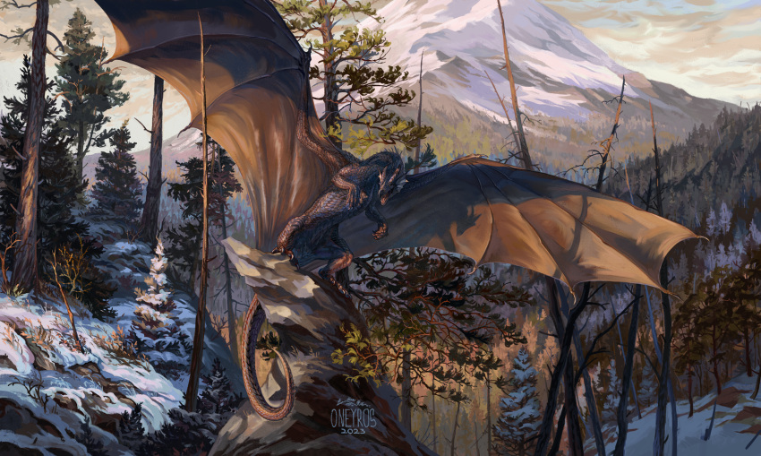 animal_focus artist_name claws commentary commission day dragon english_commentary fins forest from_side head_fins highres horns landscape mountain nature no_humans on_rock oneyros open_mouth original outdoors pine_tree rearing rock scales scenery signature snow solo spread_wings tail tree western_dragon