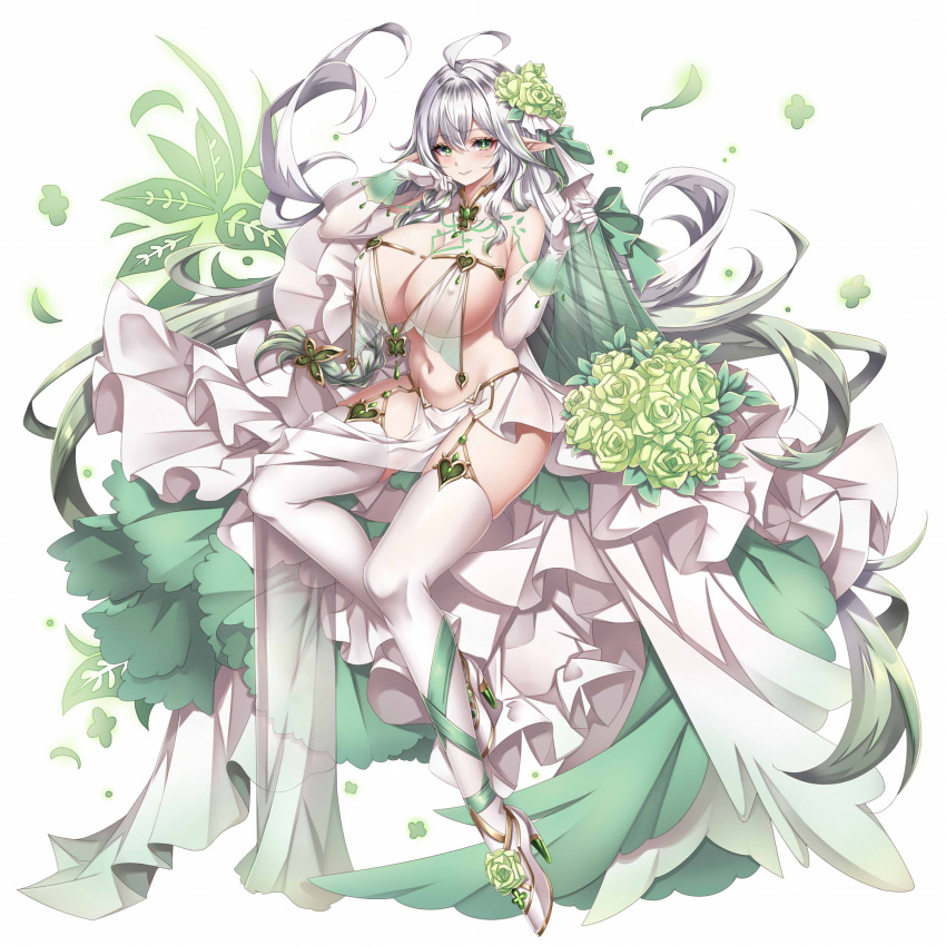 1girl aata1007 ahoge alternate_costume bare_shoulders blush bouquet bow braid breasts bridal_veil commentary_request covered_nipples cross-shaped_pupils dress elbow_gloves flower full_body genshin_impact gloves gold_trim gradient_hair green_bow green_eyes green_flower green_hair green_rose grey_hair hair_between_eyes hair_bow hair_ornament hands_up high_heels highres huge_breasts leaf loincloth long_hair looking_at_viewer multicolored_hair navel pointy_ears rose rukkhadevata_(genshin_impact) see-through shoes simple_background sitting smile solo symbol-shaped_pupils teeth thighhighs thighs veil wedding_dress white_background white_footwear white_gloves white_thighhighs