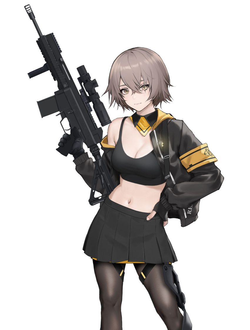 1girl 404_(girls'_frontline) absurdres armband black_crop_top black_gloves black_jacket black_pantyhose black_skirt breasts brown_hair cleavage cowboy_shot crop_top girls'_frontline girls'_frontline_2:_exilium gloves gun hair_between_eyes hand_on_own_hip hand_up highres holding holding_gun holding_weapon jacket looking_at_viewer medium_breasts navel open_clothes open_jacket pantyhose partially_fingerless_gloves pleated_skirt rifle scar scar_across_eye scope second-party_source short_hair shuten_(project_sky) simple_background skirt trigger_discipline ump45_(girls'_frontline) weapon weapon_name white_background yellow_armband yellow_eyes