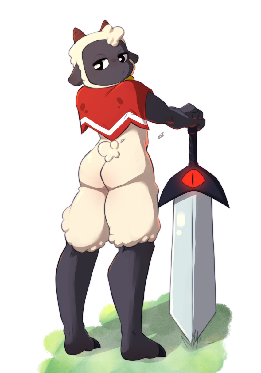 anthro bovid butt caprine cloak cloak_only clothing cult_of_the_lamb hi_res himacat lamb_(cult_of_the_lamb) male mammal massive_monster_(studio) melee_weapon red_crown_(cult_of_the_lamb) sheep solo standing sword weapon