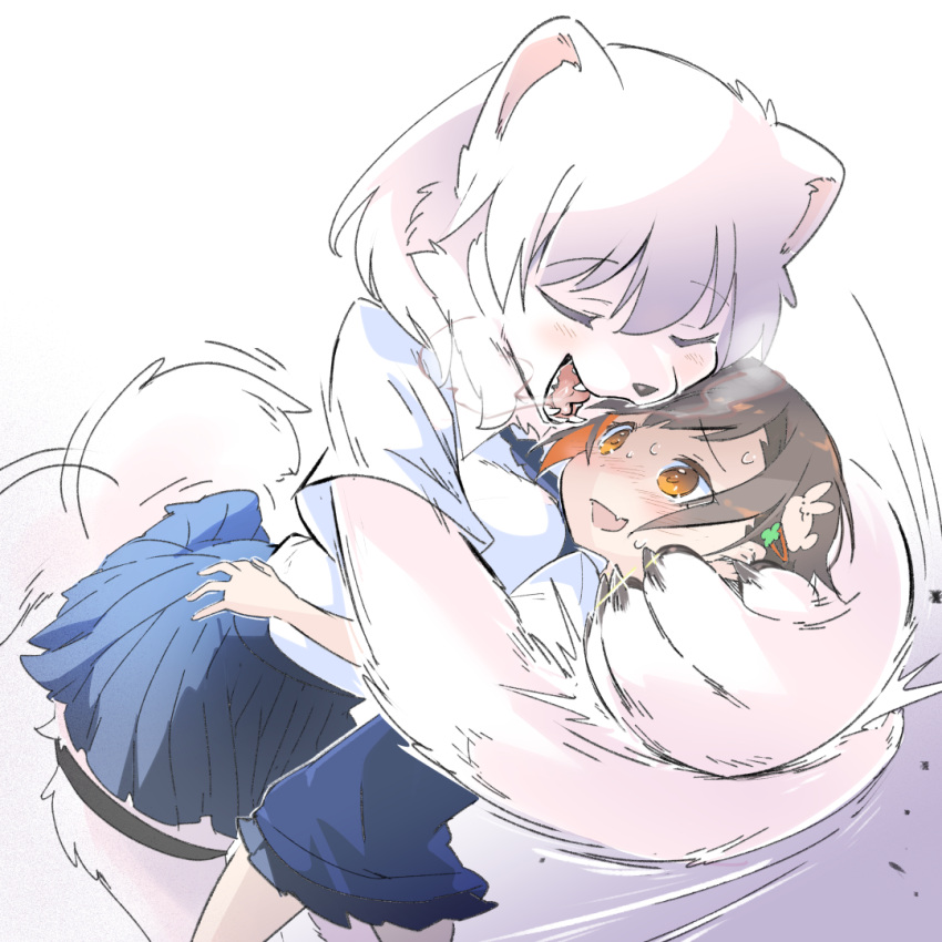 2girls animal_ears black_hair blue_necktie blue_skirt blush body_fur breath closed_eyes colored_inner_hair dog_ears dog_girl dog_tail fang fangs furry furry_female height_difference hug multicolored_hair multiple_girls necktie nervous_smile nose_blush open_mouth orange_eyes orange_hair original pleated_skirt school_uniform shirt short_sleeves skin_fang skirt smile sweat tail tail_wagging teeth thigh_strap transpot_nonoko two-tone_hair white_background white_fur white_hair white_shirt