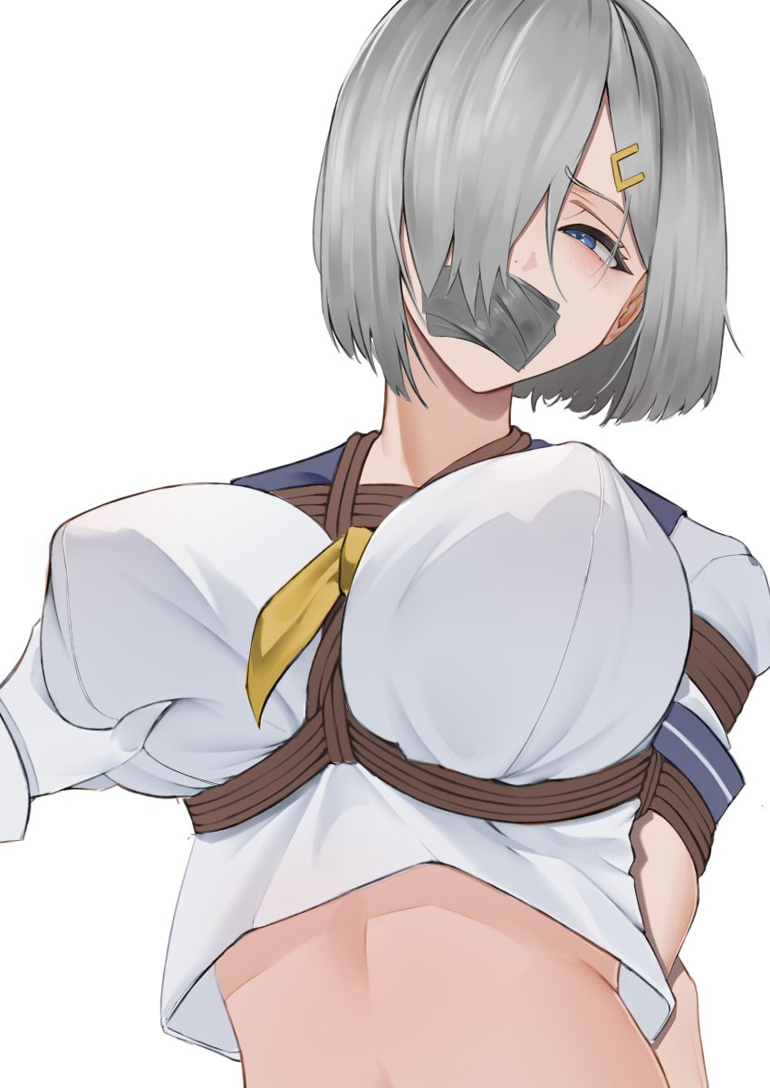 1girl absurdres bangs bdsm blue_eyes blue_sailor_collar bondage bound breast_bondage breast_grab breasts closed_mouth eyebrows_visible_through_hair gag gloves grabbing grey_hair hair_ornament hair_over_one_eye hairclip hamakaze_(kancolle) harris_hero highres huge_breasts improvised_gag kantai_collection restrained rope sailor_collar school_uniform serafuku shibari shibari_over_clothes short_hair short_sleeves simple_background solo_focus tape tape_gag tied_up upper_body white_background white_gloves yellow_neckwear