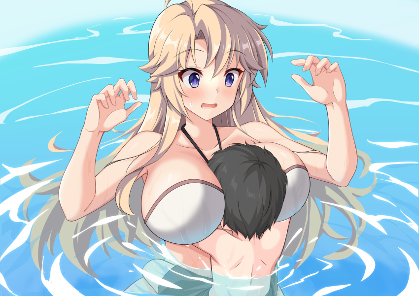 1boy 1girl between_breasts bikini black_hair blonde_hair blush breast_smother breasts collarbone commentary_request face_between_breasts face_to_breasts head_between_breasts highres kohagura_ellen large_breasts long_hair looking_at_another maruta_(denmasked) open_mouth partially_submerged sidelocks standing sweatdrop swimsuit toji_no_miko upper_body water white_bikini