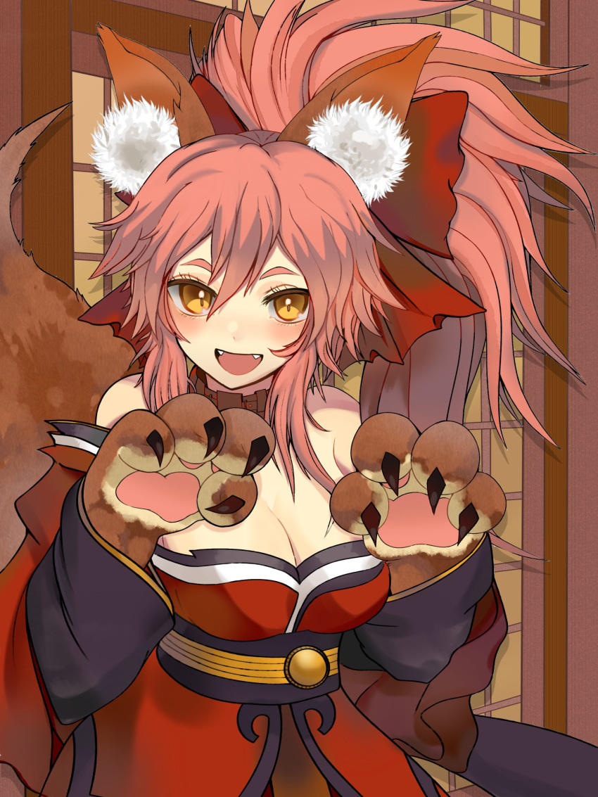1girl :d animal_collar animal_ear_fluff animal_ears animal_hands bare_shoulders blush bow breasts cleavage collar detached_sleeves english_commentary eveisntthatbad fangs fate/grand_order fate_(series) fox_ears fox_girl fox_tail gloves hair_bow hands_up highres japanese_clothes kimono large_breasts looking_at_viewer open_mouth paw_gloves paw_pose pink_hair red_bow red_collar red_kimono red_sleeves revision sleeveless sleeveless_kimono smile solo tail tamamo_(fate) tamamo_cat_(fate) tamamo_cat_(first_ascension)_(fate) upper_body yellow_eyes