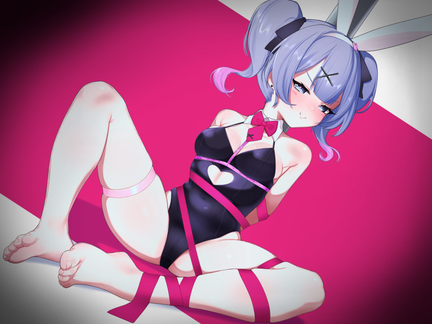 1girl absurdres animal_ears armpit_crease arms_behind_back bare_legs barefoot bdsm bondage bound bound_arms breasts cameltoe clothing_cutout feet goki_buri grey_eyes hair_ornament hatsune_miku highres looking_at_viewer necktie playboy_bunny pole purple_hair rabbit_ears rabbit_hole_(vocaloid) restrained short_hair short_twintails smile soles solo stripper_pole thigh_strap thighs toes twintails vocaloid