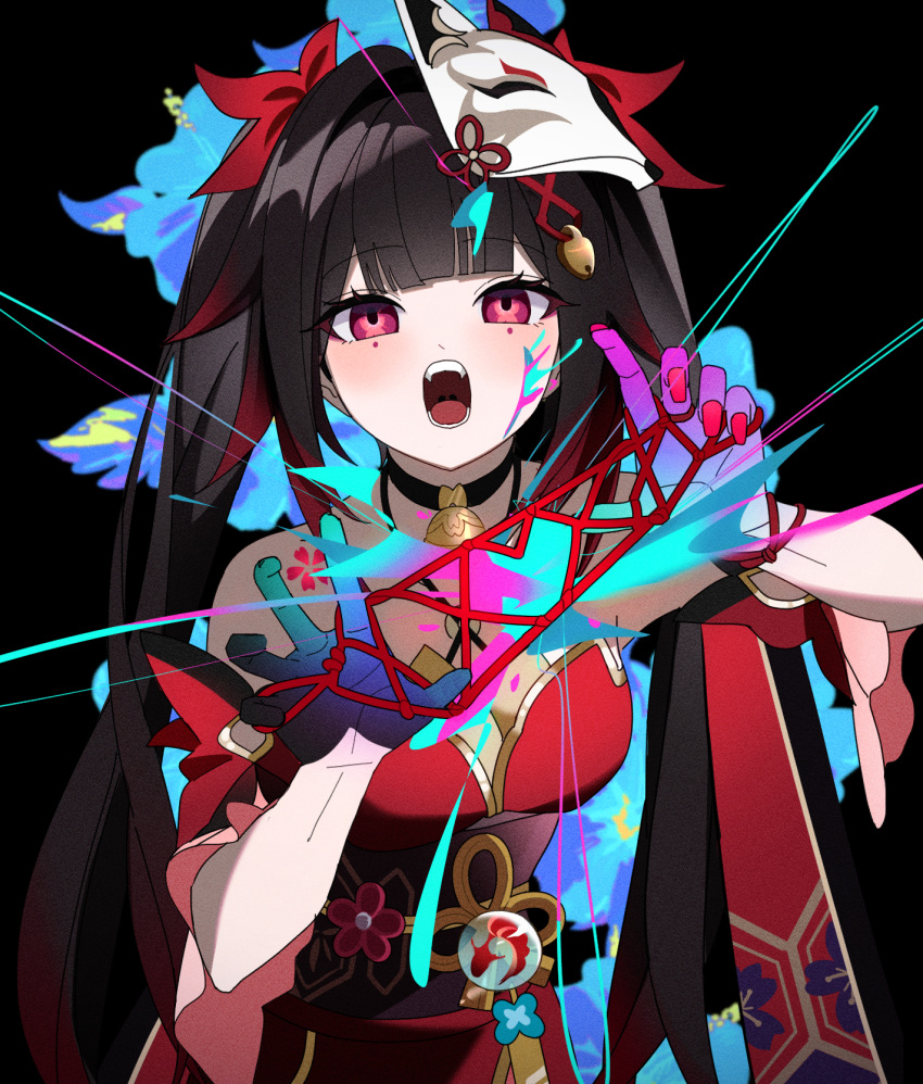 1girl :o annlin black_background black_choker black_gloves blush bow brown_hair cat's_cradle choker cowboy_shot detached_sleeves dress fox_mask gloves gradient_hair hair_bow hair_intakes highres honkai:_star_rail honkai_(series) long_hair looking_at_viewer mask mask_on_head multicolored_hair nail_polish obi open_mouth pink_eyes red_bow red_dress red_hair red_nails red_sleeves sash short_sleeves simple_background single_glove sleeveless sleeveless_dress solo sparkle_(honkai:_star_rail) string string_of_fate teeth twintails uvula very_long_hair