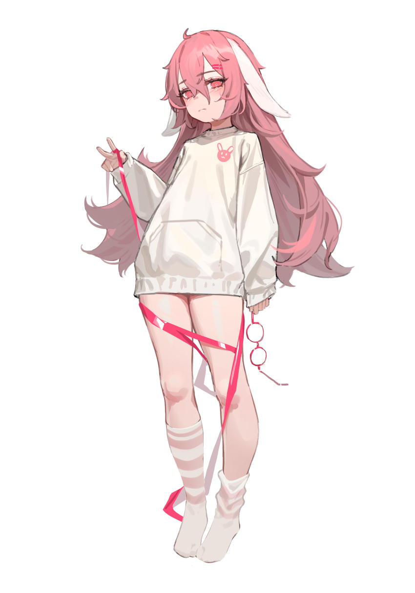 1girl absurdres ahoge animal_ears animal_print asymmetrical_legwear eiroyi floppy_ears hair_between_eyes hair_tie hand_up highres holding holding_removed_eyewear knees long_hair long_sleeves looking_at_viewer loose_socks lop_rabbit_ears no_shoes pink-framed_eyewear pink_eyes pink_hair pink_ribbon pink_socks providence_project puffy_long_sleeves puffy_sleeves rabbit_ears rabbit_girl rabbit_print ribbon shirako_(vtuber) simple_background single_loose_sock sleeves_past_wrists socks solo standing striped_clothes striped_socks sweater uneven_legwear unworn_eyewear v virtual_youtuber white_background white_socks white_sweater