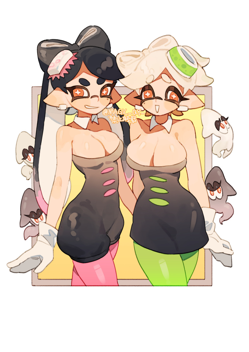 2girls absurdres bare_shoulders black_dress black_hair border bow-shaped_hair breasts bright_pupils callie_(splatoon) cleavage collar commentary detached_collar dress earrings food food_on_head gloves gradient_background green_pantyhose highres hoop_earrings inkling jewelry large_breasts long_hair magic_qy marie_(splatoon) mole mole_under_eye multiple_girls object_on_head orange_eyes outside_border pantyhose pink_hair pink_pantyhose pointy_ears short_hair simple_background smile splatoon_(series) squid standing star-shaped_pupils star_(symbol) strapless strapless_dress sushi symbol-shaped_pupils teeth tentacle_hair thick_eyebrows white_border white_collar white_gloves white_hair white_pupils yellow_background