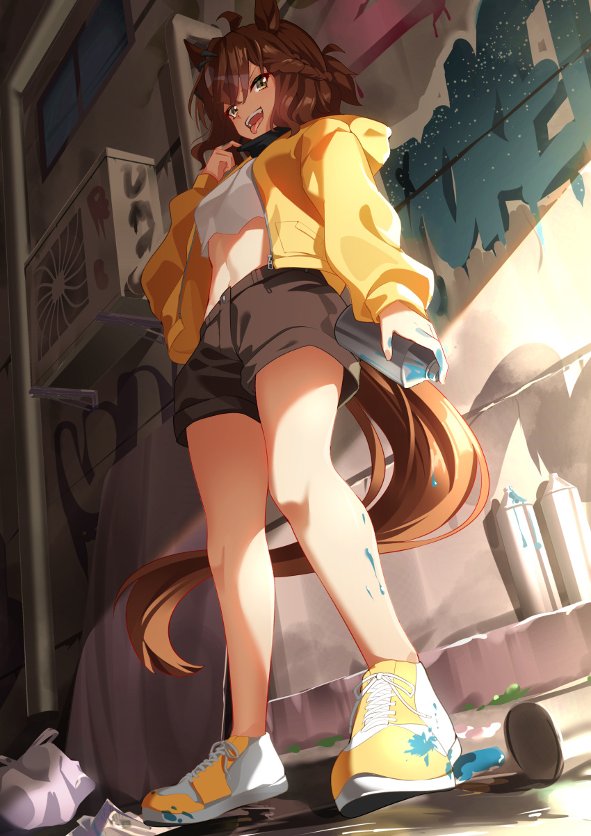 1girl absurdres ahoge air_conditioner animal_ears brown_hair commentary_request crop_top crop_top_overhang earrings from_below hair_between_eyes hair_ornament hairclip highres horse_ears horse_girl horse_tail jacket jewelry jungle_pocket_(umamusume) long_sleeves looking_at_viewer medium_hair navel notched_ear open_mouth paint_can shirt shoes short_hair shorts smile sunny_(20597521) tail teeth tongue tongue_out umamusume yellow_eyes yellow_footwear