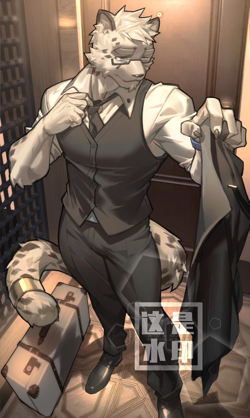 1boy absurdres animal_ears baimeme blue_eyes elevator full_body furry furry_male glasses highres huge_eyebrows jaguar_boy jaguar_ears jaguar_tail male_focus original solo standing suit tail tail_ornament tail_ring vest white_fur