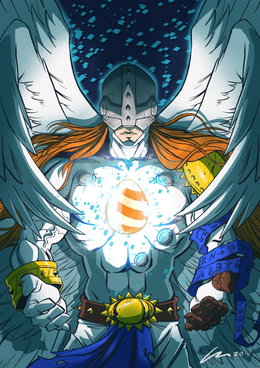 1boy angel angel_wings angemon belt belt_buckle buckle carloromeroart covered_eyes digimoji digimon digimon_adventure:_(2020) digitama egg feathered_wings helmet helmet_over_eyes highres long_hair orange_hair ribbon scene_reference solo wings