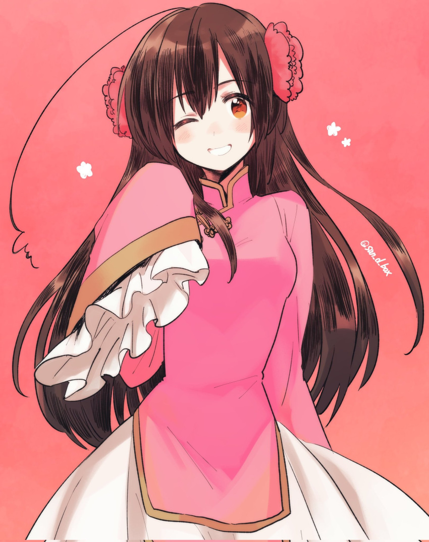 1girl ;d axis_powers_hetalia breasts brown_hair china_dress chinese_clothes dress flower frills grin highres light_blush long_hair looking_at_viewer medium_breasts one_eye_closed orange_eyes pink_background pink_dress pink_flower sakuma_(san_d_box) simple_background sleeves_past_fingers sleeves_past_wrists smile solo taiwan_(hetalia) twitter_username wide_sleeves