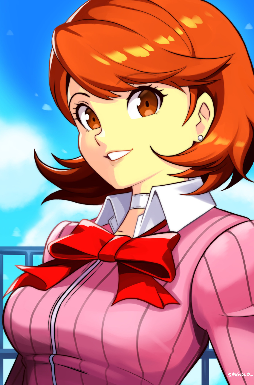 1girl absurdres blue_sky bow bowtie breasts brown_eyes brown_hair cardigan choker cloud cloudy_sky collared_shirt commentary earrings highres jewelry long_sleeves looking_at_viewer loose_bowtie medium_breasts outdoors parted_lips persona persona_3 persona_3_reload pink_cardigan red_bow red_bowtie ribbed_cardigan shirt short_hair sky smgold smile solo stud_earrings swept_bangs takeba_yukari upper_body white_choker white_shirt
