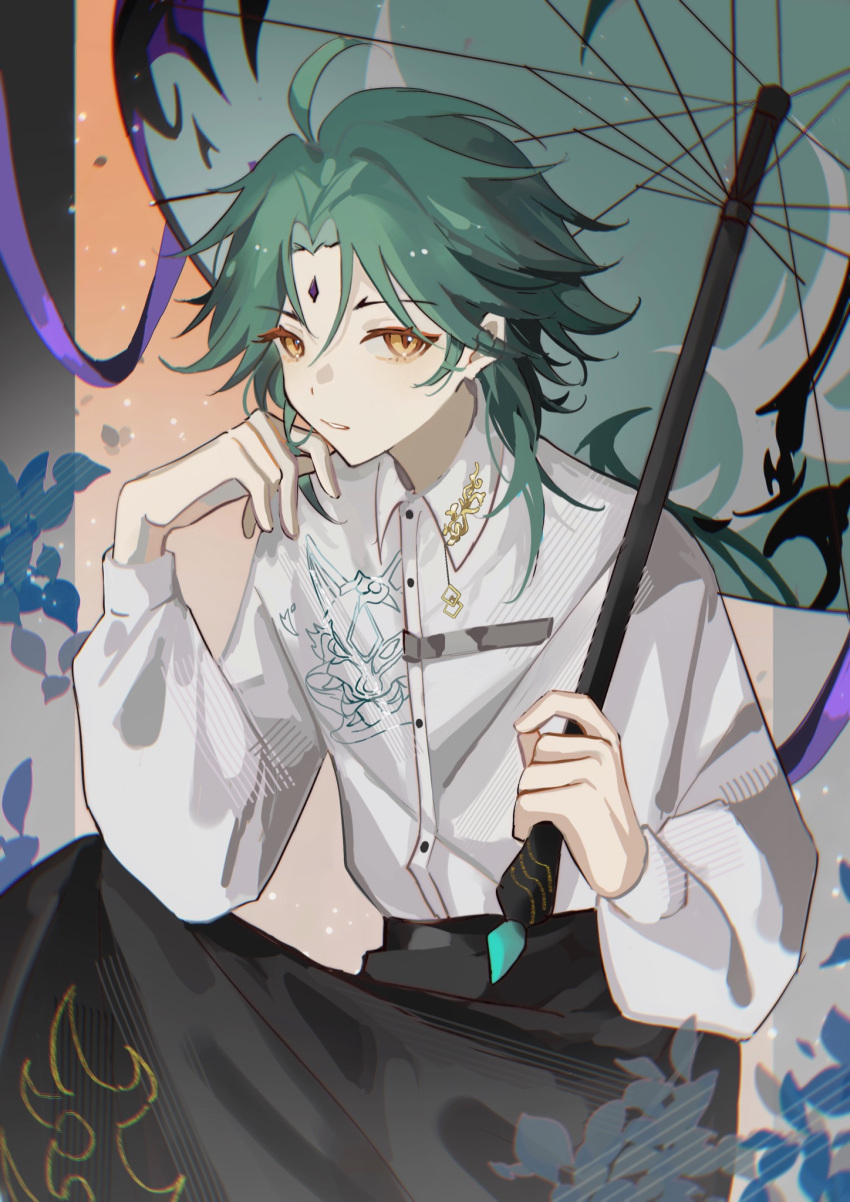alternate_costume buttons collared_shirt cowboy_shot d-aprken elbow_on_knee facial_mark forehead_mark genshin_impact green_hair hand_on_own_face highres holding holding_umbrella long_sleeves looking_at_viewer parasol parted_lips shirt sitting umbrella white_shirt xiao_(genshin_impact) yellow_eyes